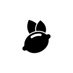 A minimalist black and white icon featuring a stylized lemon with two leaves on top, symbolizing eco-friendliness or organic produce.