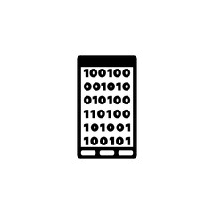 A minimalist graphic design depicting a smartphone screen with a simple binary code pattern, symbolizing the digital age and technological advancements.