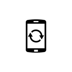 A minimalist icon depicting a smartphone with a circular arrow symbol, representing the concept of synchronization, data transfer or connectivity between mobile devices.