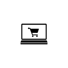 A simple black silhouette of a shopping cart on a computer screen, representing the concept of online shopping, e-commerce, and digital purchasing.