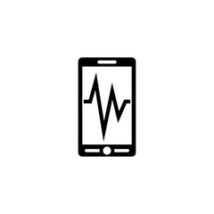 A minimalist, black and white icon depicting a stylized smartphone with a heart rate or heartbeat signal graphic, representing mobile healthcare, health monitoring or fitness tracking technology.