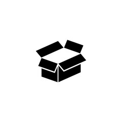 A simple black and white icon depicting an open cardboard box or package, symbolizing delivery, unboxing, or expansion of contents.