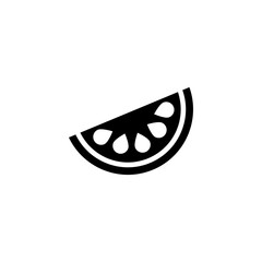 Black and white graphic of a stylized watermelon slice with seeds.