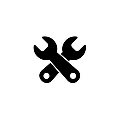 A simple black and white icon depicting two crossed wrenches, representing tools, repairs, construction, or maintenance work.