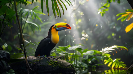 Toucan, Ramphastos sulfuratus, bird with big bill in the forest