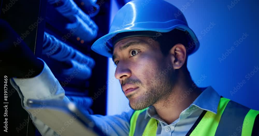 Aufkleber Server room, inspection and man with computer on tablet for programming, coding and information technology. Cybersecurity, IT and technician on tech for inspection, maintenance and software backup