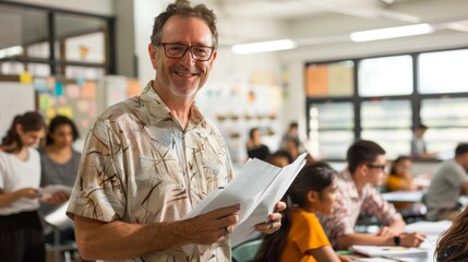 The Smiling Teacher in Classroom.