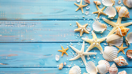 Summer background with seashells starfish border on blue wooden plank background