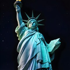 A tall, green-colored statue of the Statue of Liberty against a night sky with stars