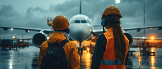 Two engineers in hard hats looking at an airplane in a hangar.	