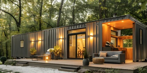 Sustainable living or vacation in a modern tiny container home near the lake. Concept Eco-Friendly Lifestyle, Tiny House Living, Lakeside Retreat, Sustainable Travel, Modern Container Home
