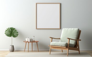 White Room Mockup with Decor includes armchair, table , plant blank white frame