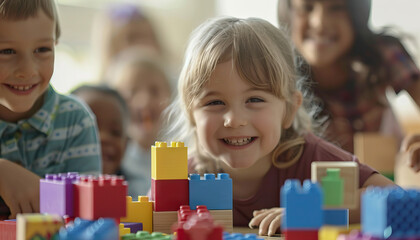 Happy Children Playing with Toy Blocks - Spark imagination with this image of happy children playing with toy blocks, perfect for illustrating creativity or early education concepts
