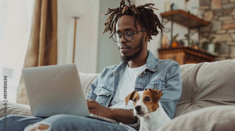 Sticker man working with dog at home