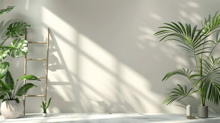 Exotic houseplants with beautiful leaves and decorative ladder near light wall indoors 