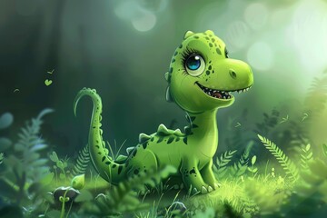 A small green dinosaur sitting in the grass. Suitable for children's educational materials