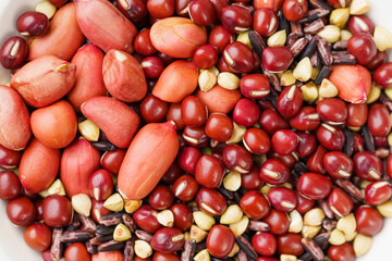 Fish maw and red bean porridge ingredients on monochrome background