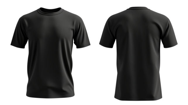 Black blank t shirt template from two sides isolated on transparent white background, clipping path