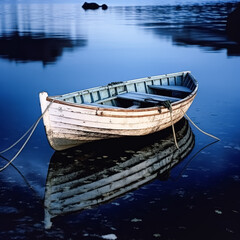 Obraz premium A boat is floating in the water with a reflection of the boat in the water. The boat is white and he is old. The water is calm and the sky is blue