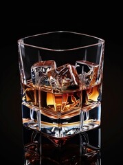 Glass of Whiskey with Ice Cubes on Black Background. Generative ai