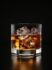 Glass of Whiskey with Ice Cubes on Black Background. Generative ai
