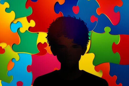 illustration, International Children's Day, the silhouette of a child against the background of a multi-colored puzzle piece, horizontal banner, postcard