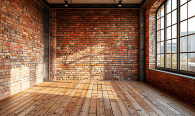An open loft-style area boasting an expansive window. The interior showcases modern elements, including hardwood flooring and brick walls