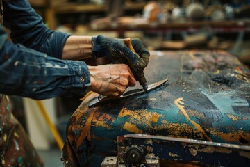 A person using a tool on a piece of luggage. Suitable for travel and repair concepts