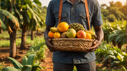 farmer's hands holding a basket of tropical fruits concept