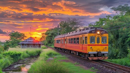 Obraz premium Train travel with beautiful nature. Scenic railway station on the railroad with stunning city views