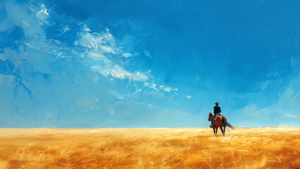 Lone rider on horseback across a vast plain under a blue sky