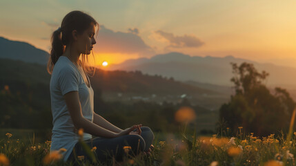 young woman finds solace in meditation as the sun sets on the horizon