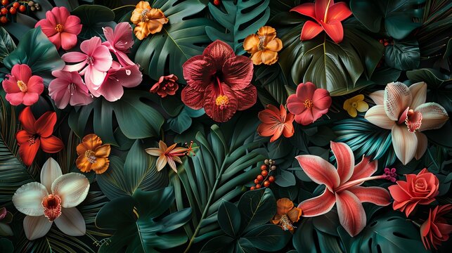 A vibrant botanical illustration featuring an array of exotic flowers and lush plants