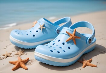  A pair of light blue crocs-style sandals on a sandy beach , with orange starfish decorations on them