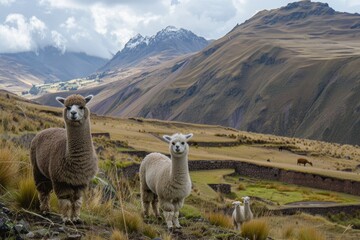 Fototapeta premium A group of sheep standing on a grass covered hillside. Suitable for nature and animal themes