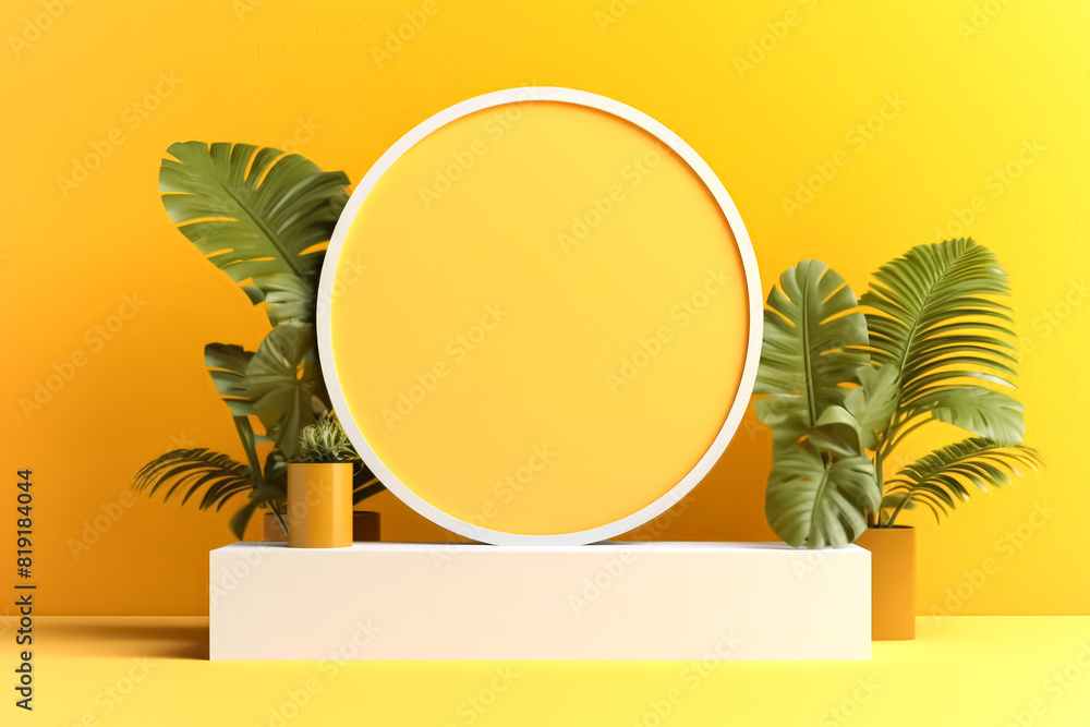 Poster a yellow and white object is placed on a yellow background. the object is a round shape with a white