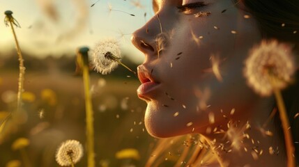 A woman is joyfully blowing dandelions in a field, creating a fun gesture in closeup macro photography. The delicate plants form a circle, resembling a beautiful piece of art AIG50