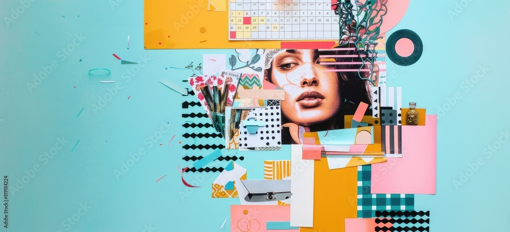 Poster this is an image of a woman's face with bright and colorful patterns and shapes. the image is very v