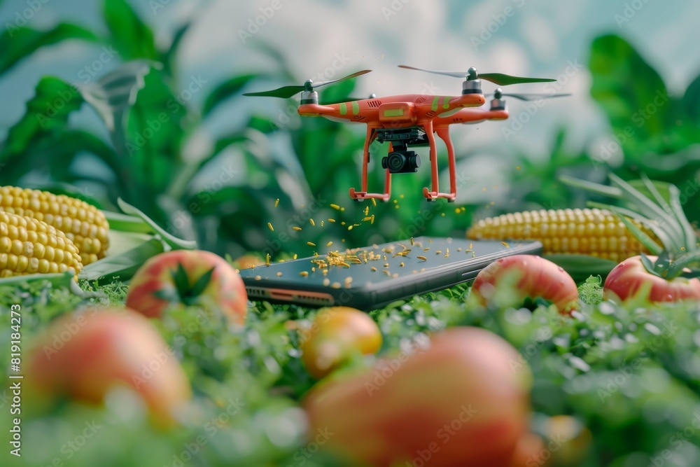Poster agritech drone in farm layout for precision fertilizing and crop protection using isometric vector i