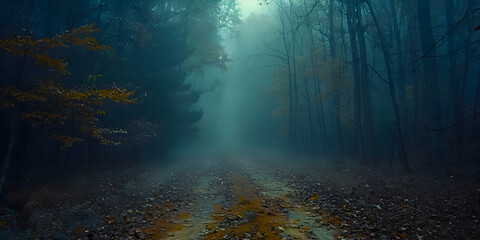 Obraz premium A haunted forest path with ghostly apparitions and eerie fog, creating a spooky atmosphere