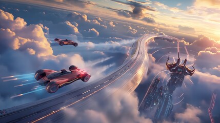 A futuristic racetrack suspended in the clouds, where AI-controlled vehicles race at breakneck speeds amidst stunning panoramic views. 32k, full ultra hd, high resolution
