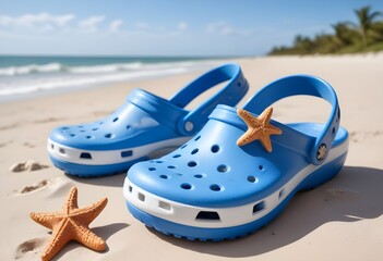 Naklejka premium A pair of blue crocs-style sandals on a sandy beach , with orange starfish decorations on them