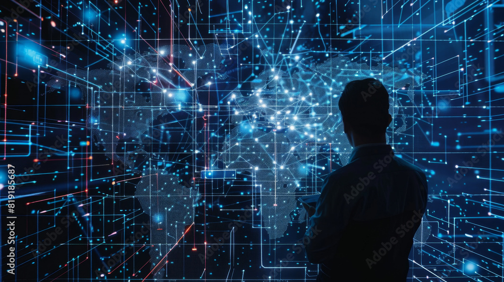 Poster a man stands before a large screen displaying intricate global network data, symbolizing advanced te