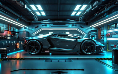 A matte black supercar exudes sophistication in a futuristic hangar setting, surrounded by high-tech equipment. Its angular architecture and state-of-the-art environment encapsulate.