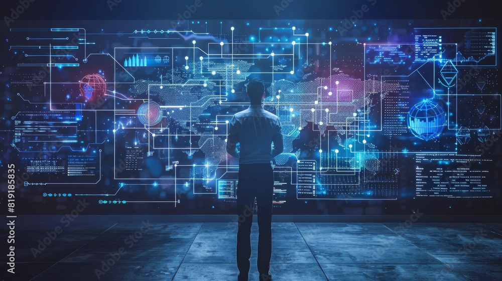 Poster a man stands before a large digital screen displaying global data and analytics, symbolizing modern 