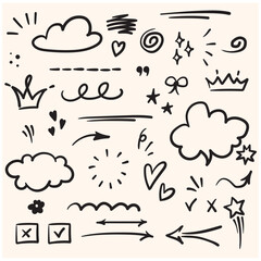 Sketch underline, emphasis, arrow shape set with illustration style and doodle