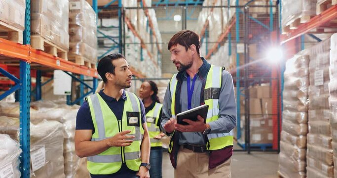 Warehouse, tablet and inspection by team for inventory, supply chain and colleagues or shipping. Technology, checklist and online for logistics, management and digital for retail merchandise delivery