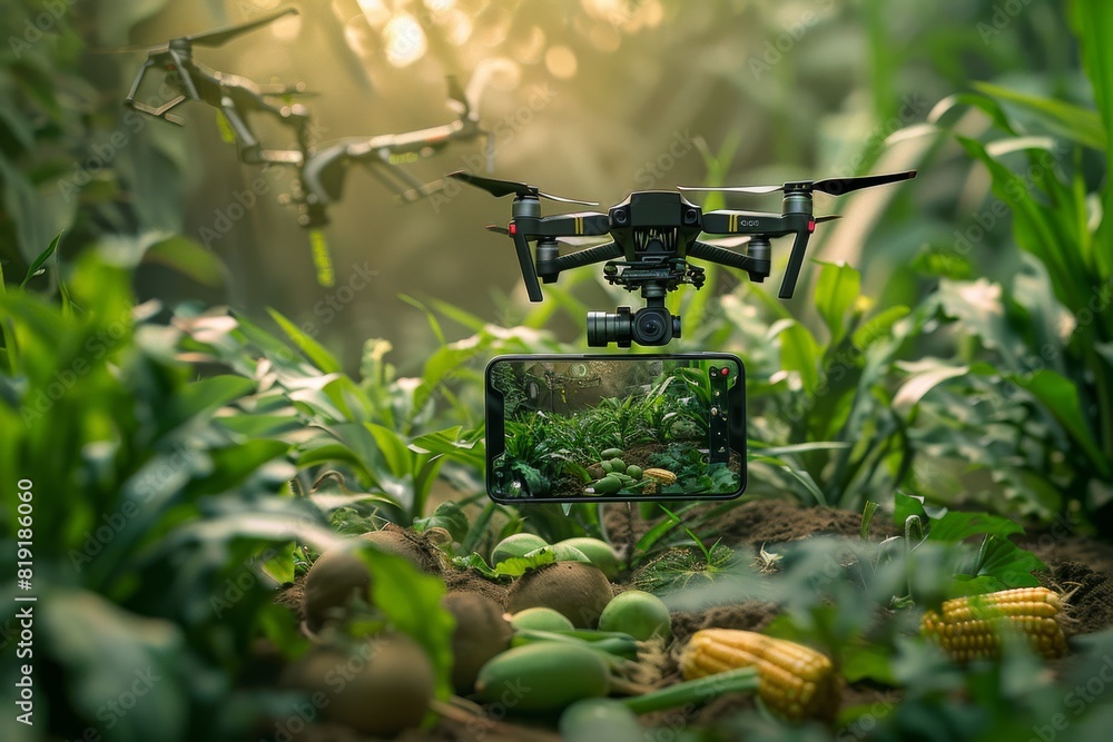 Poster 5g farming with drone technology in aerial field fertilizing using futuristic farm techniques for hi