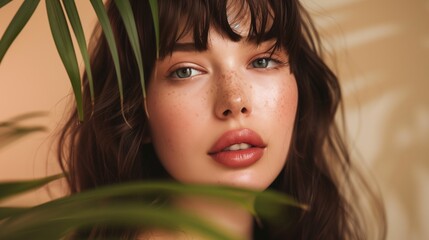 Naklejka premium Beautiful model with long, brown hair posing against a soft beige background with a green palm leaf, emphasizing natural beauty and glowing skin.