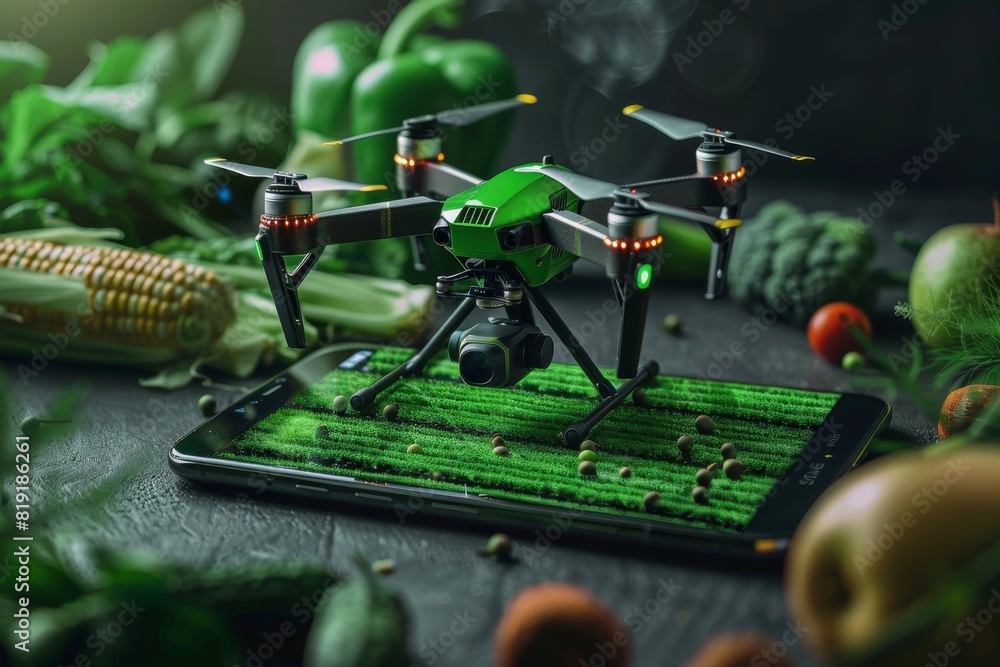 Poster futuristic farm landscape with drone technology for high-tech applications in vegetable garden manag
